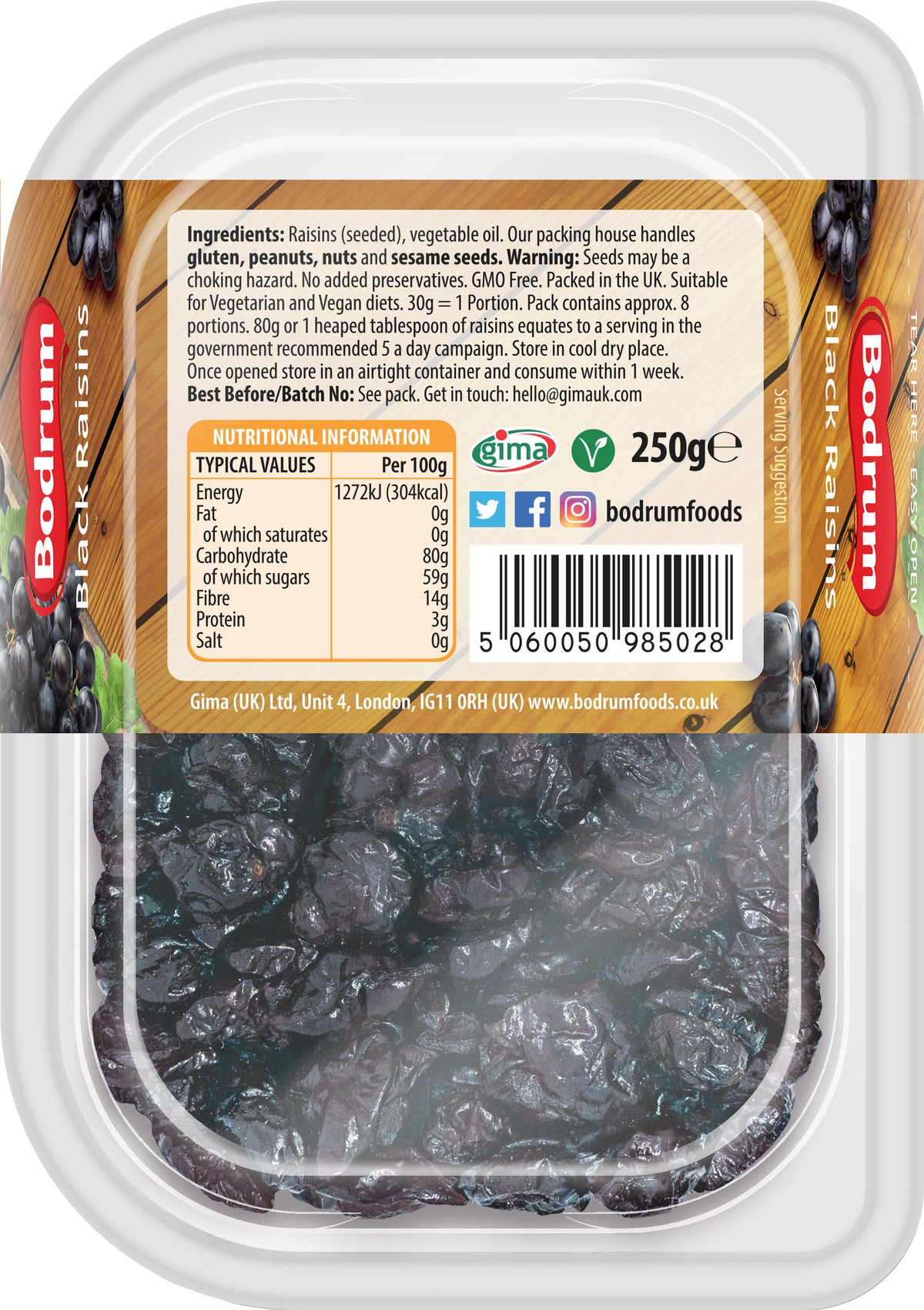 Packaged dried black raisins with label and Bodrum Foods branding