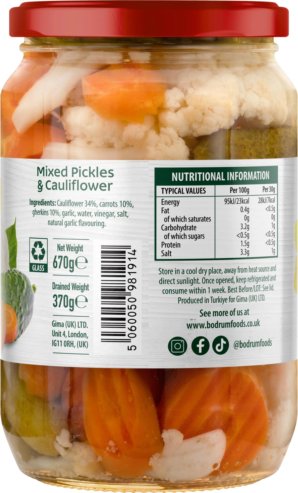 Jar of mixed pickles and cauliflower with label showing nutritional information.