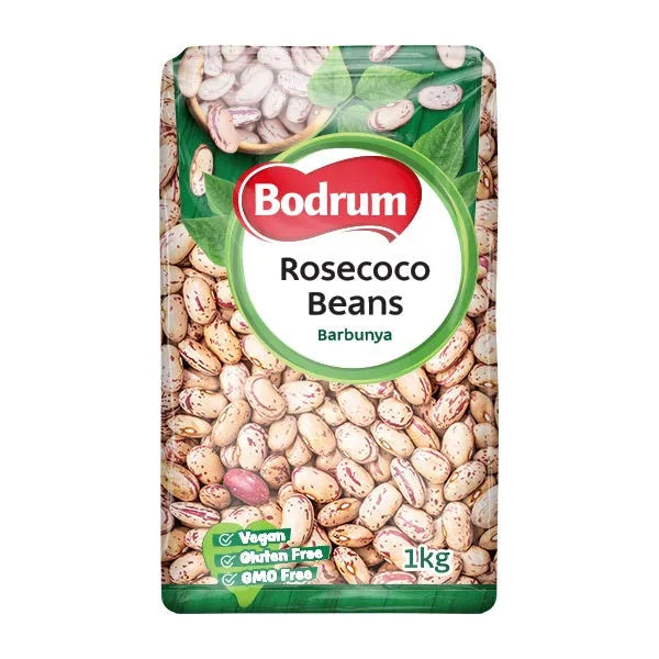 Packaging of Bodrum Rosecoco Beans with green and red design on a white background