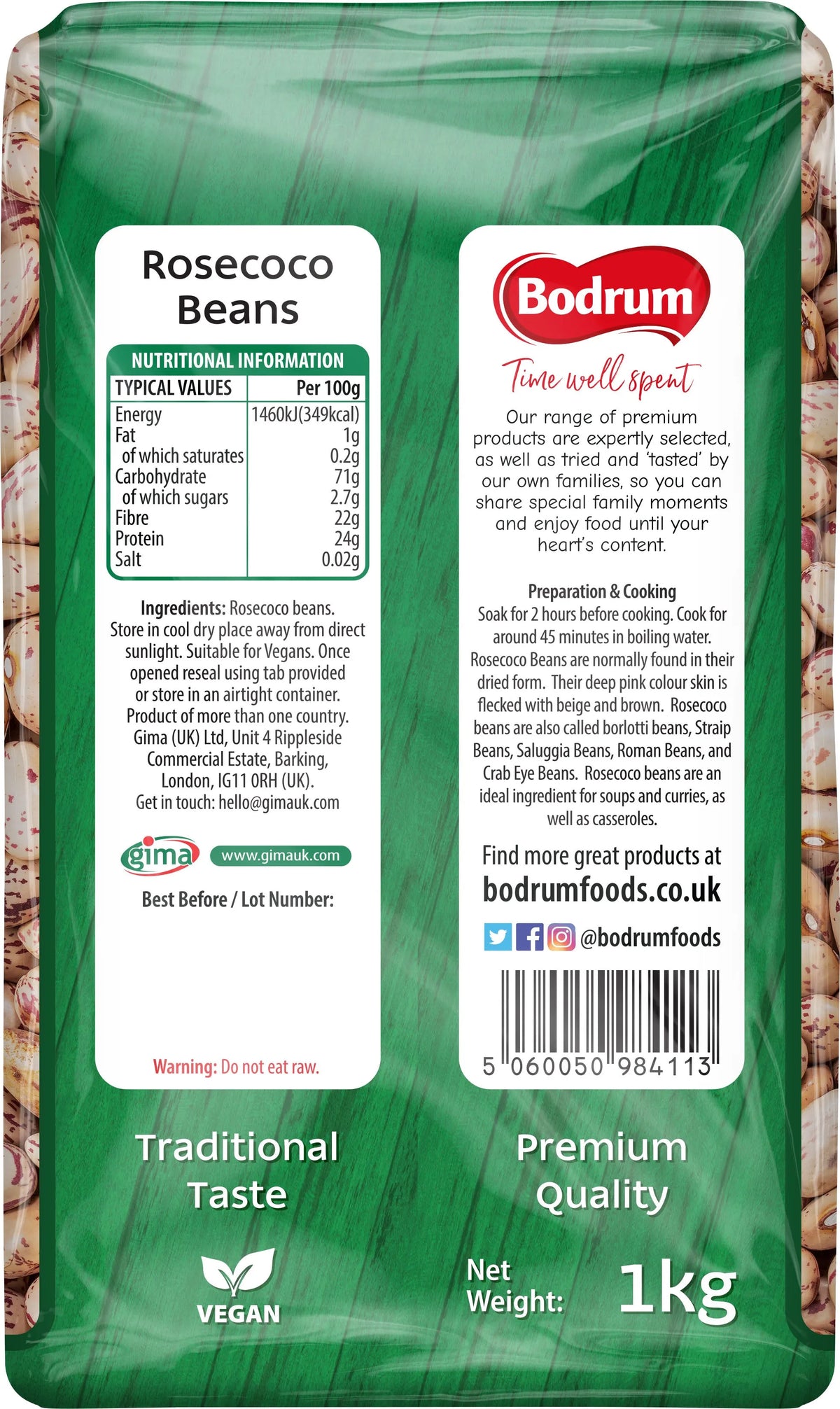 Bodrum Rosecoco Beans packaging with green label and visible branding.