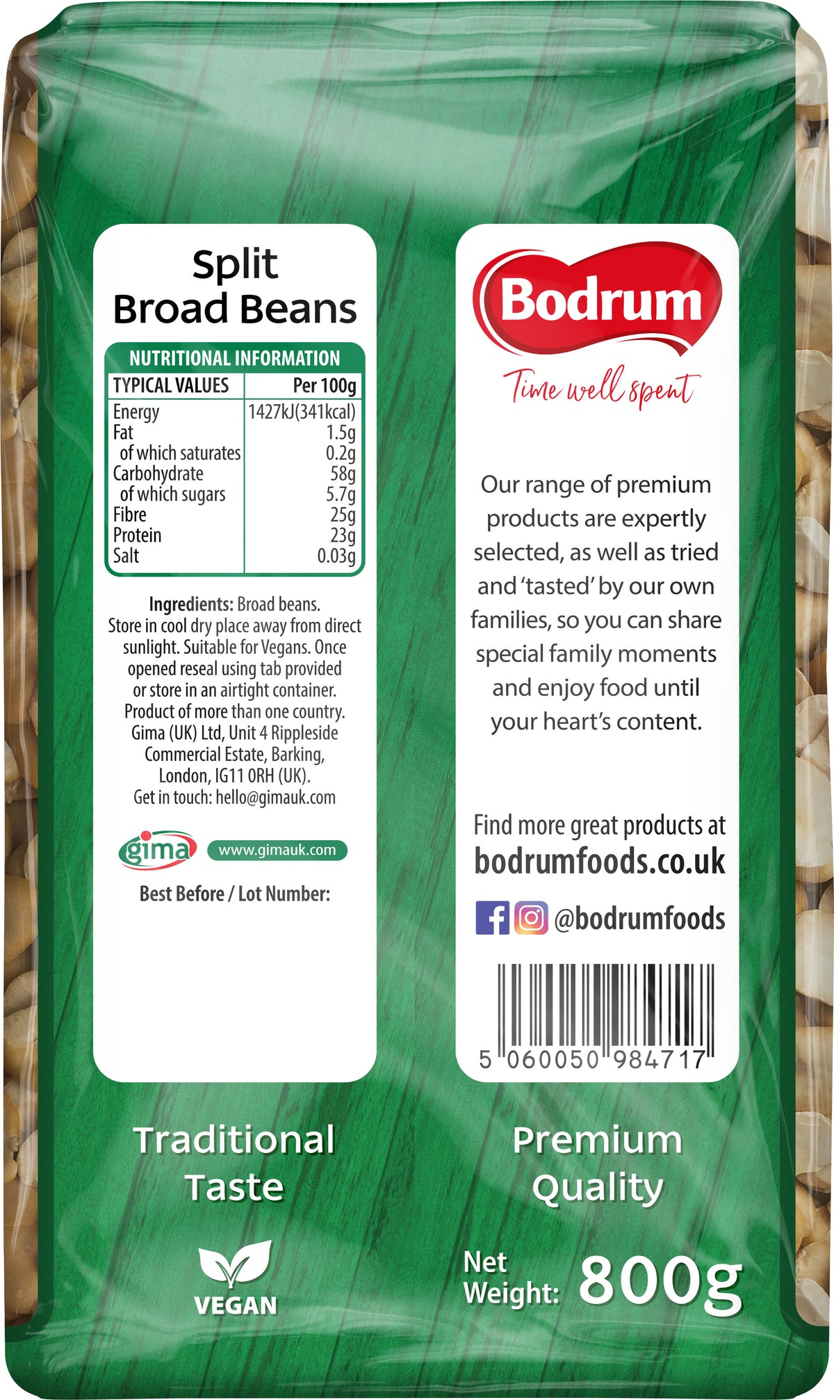 Packaging of split broad beans with Bodrum brand label
