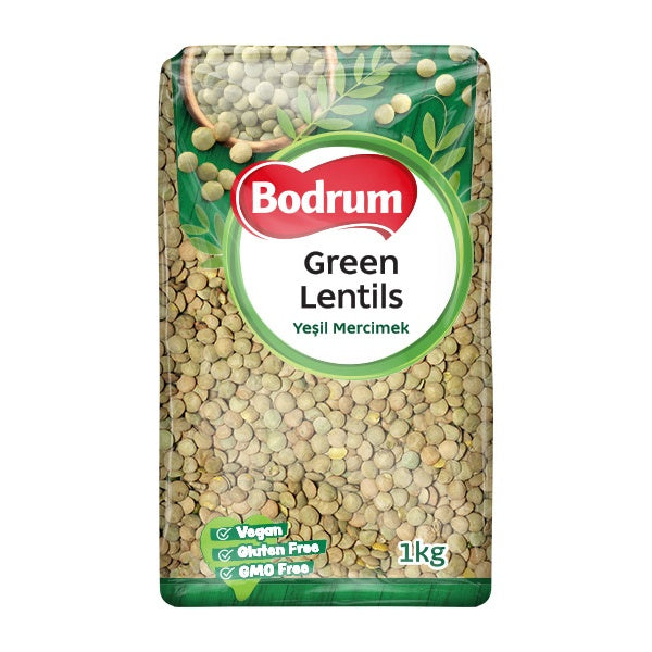 Packaging of Bodrum green lentils on a white background