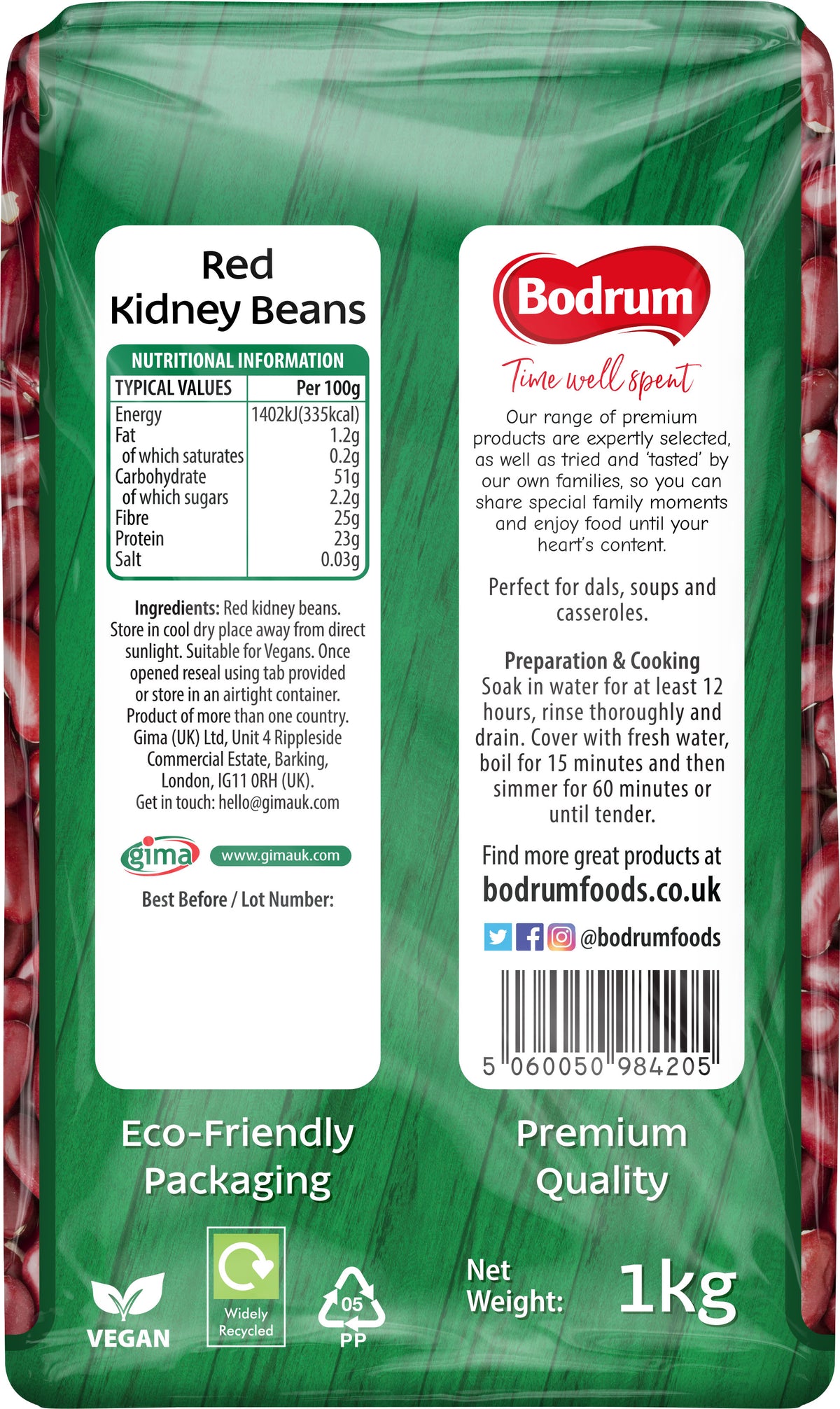 Packaging of red kidney beans with Bodrum Foods branding and nutritional information.