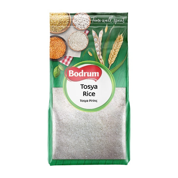 Bodrum Tosya Rice packaging with images of rice and grains on a green background