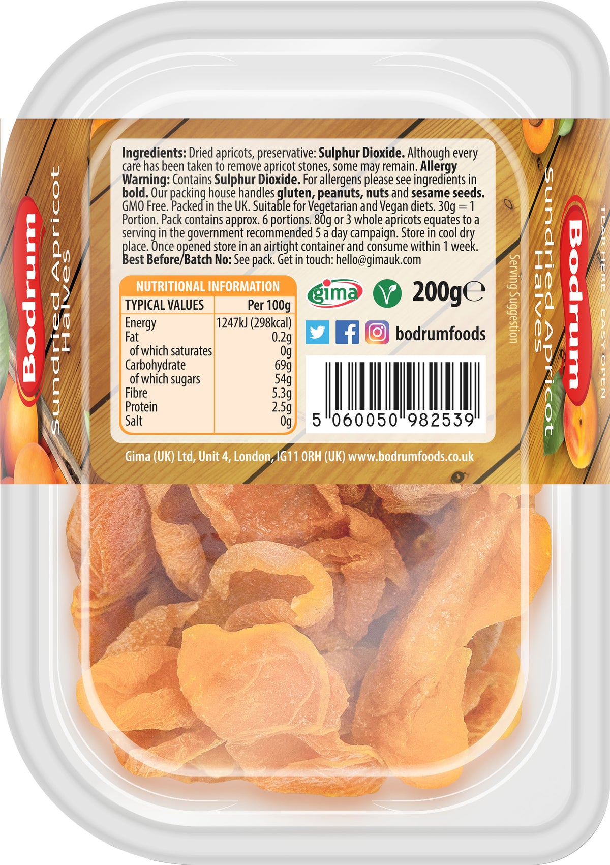 Packaged dried apricots with Bodrum Foods branding and nutritional information label.
