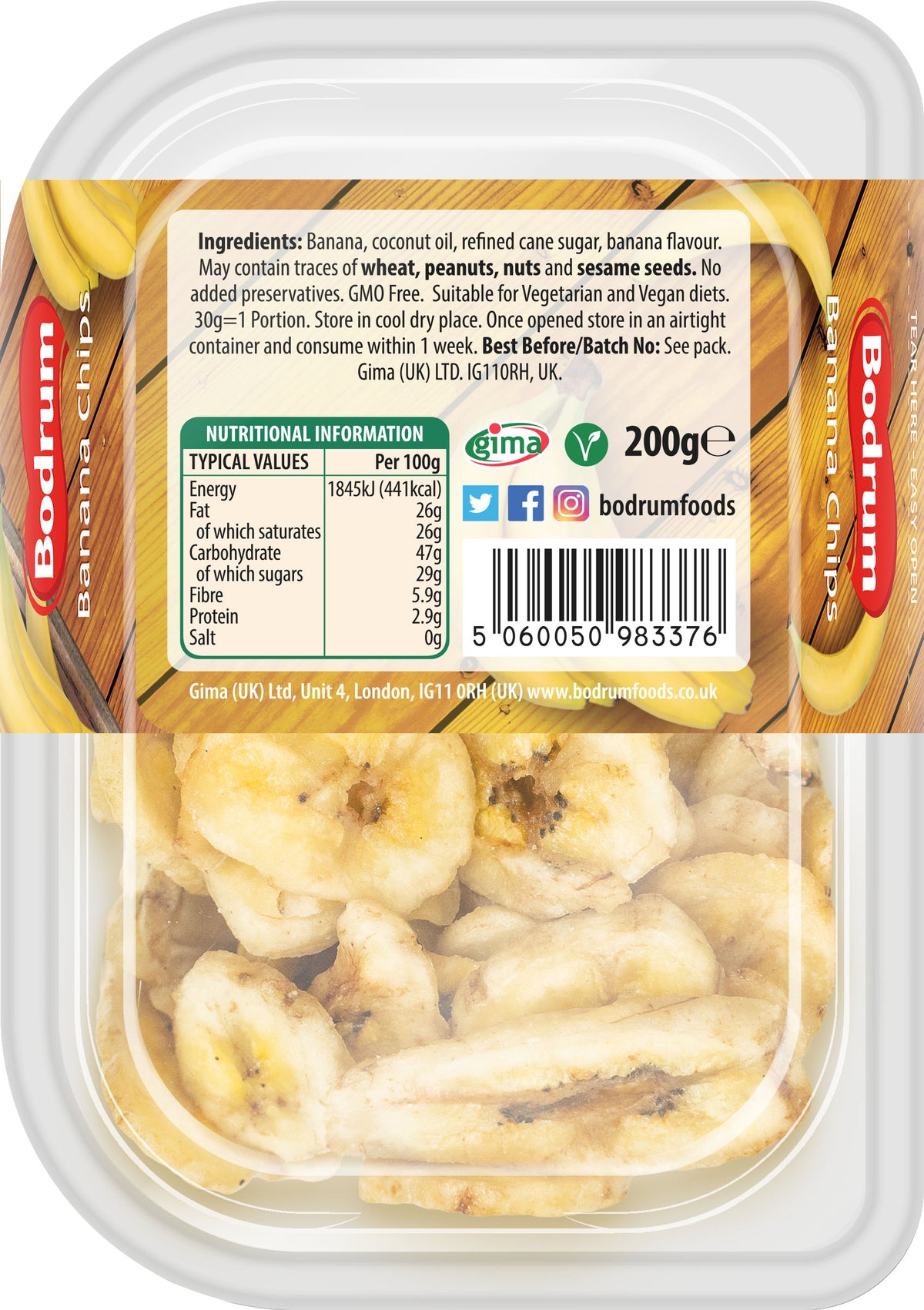 Packaged banana chips with Bodrum branding and nutritional information label.