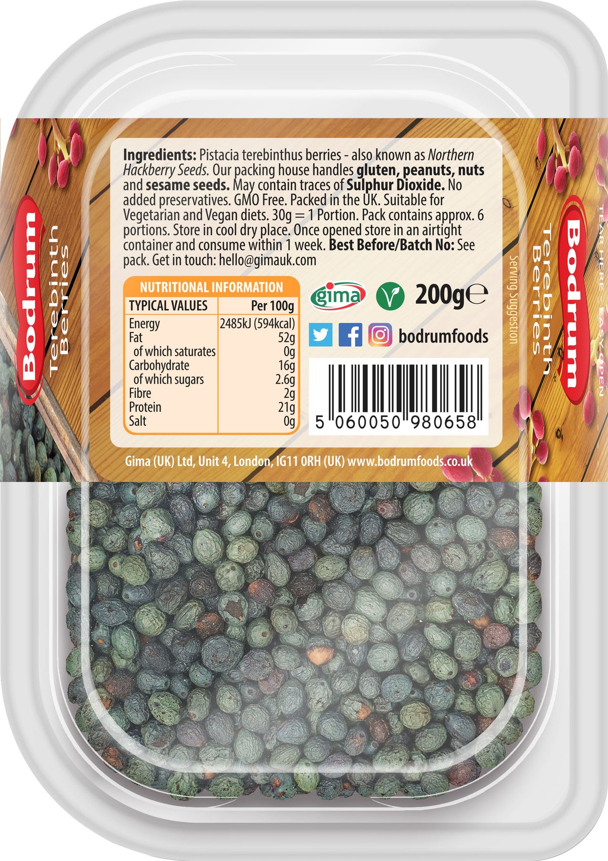 Container of frozen berries with Bodrum Foods branding and nutritional information.