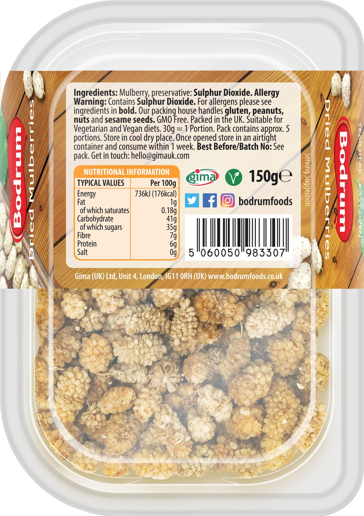 Packaged dried mulberries with a label on a white background
