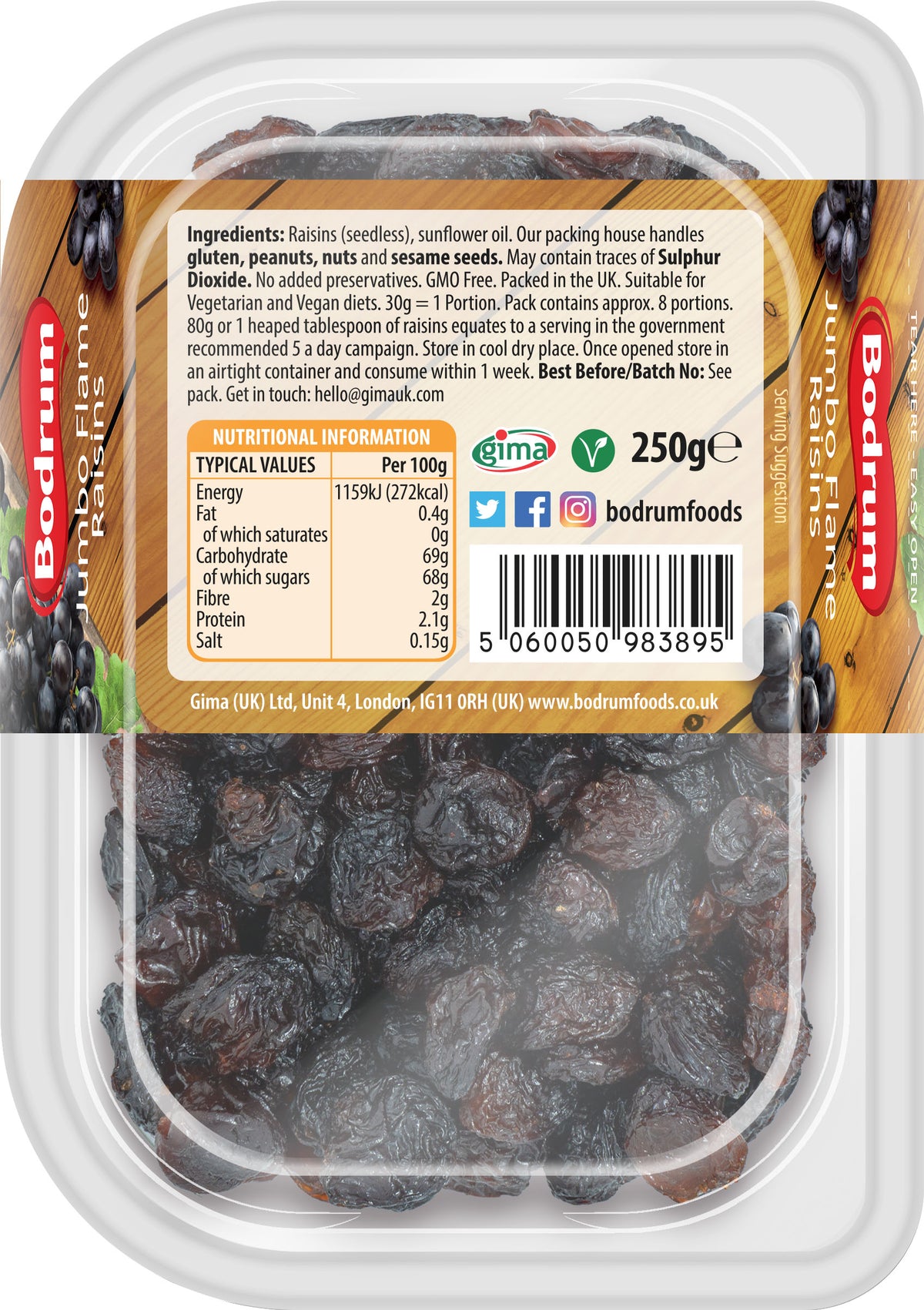 Packaged dried fruits with a clear lid, showing brand and nutritional information.