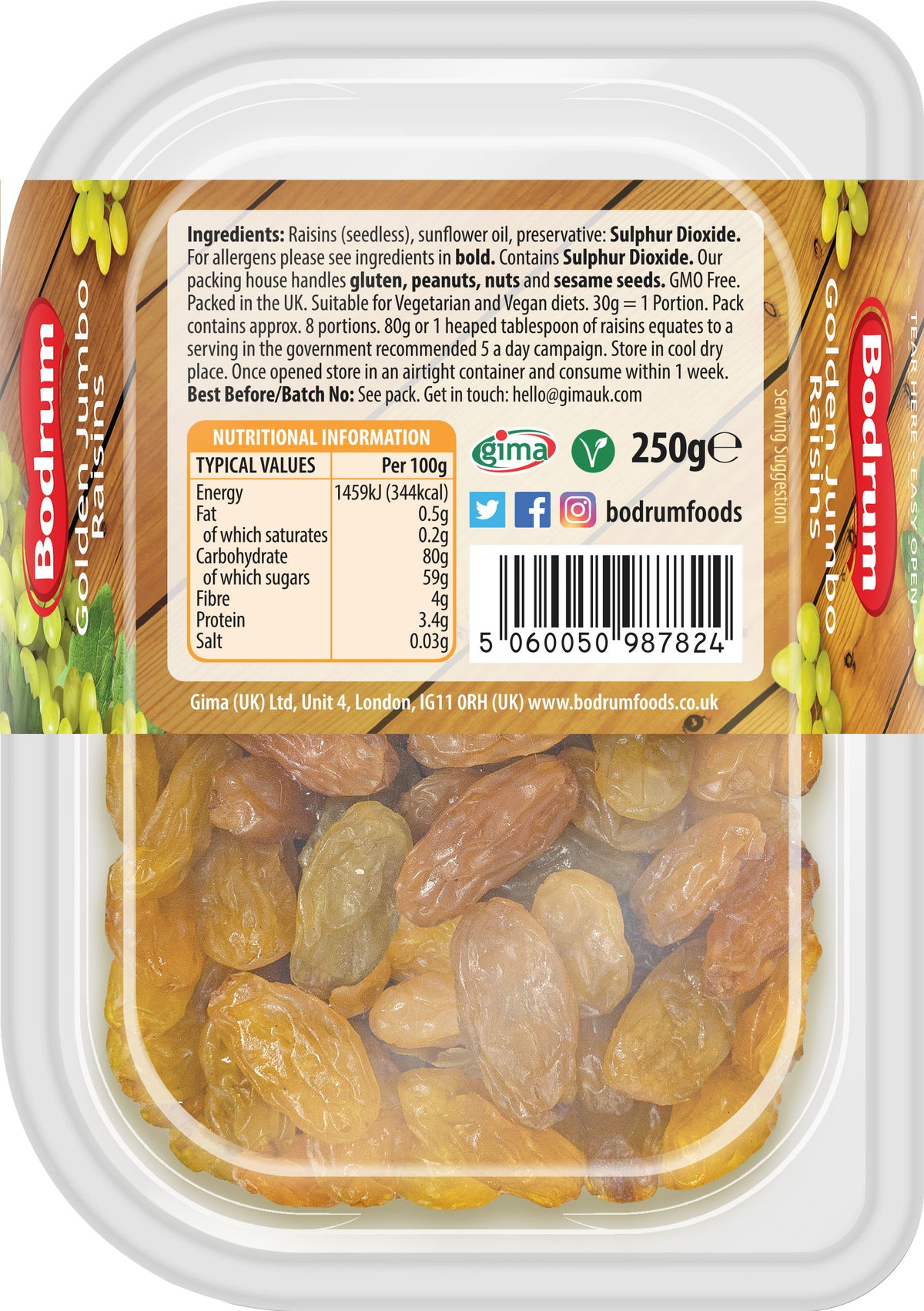 Packaged dried fruits with Bodrum Foods branding and nutrition label.