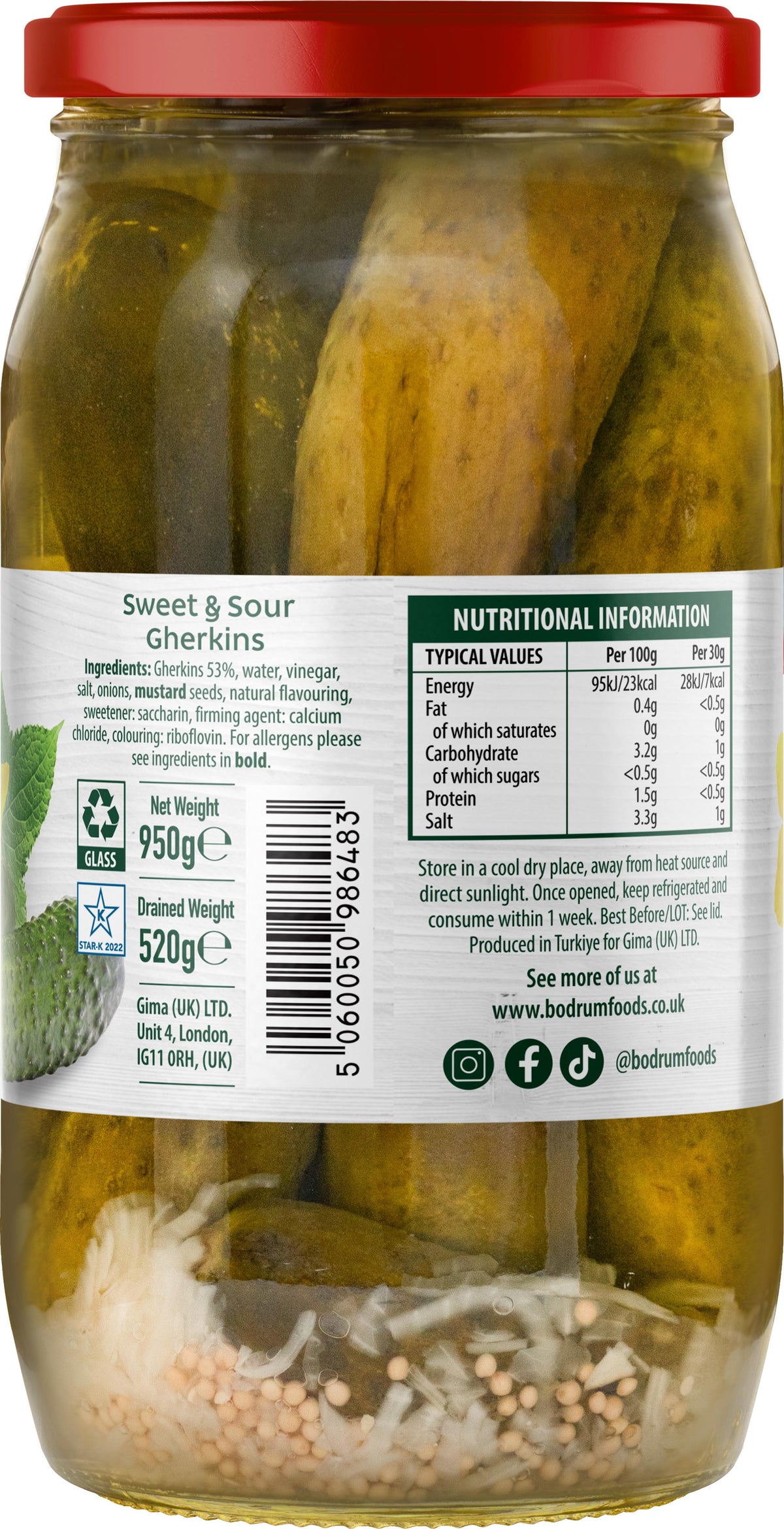 Jar of sweet and sour gherkins with a label showing nutritional information.
