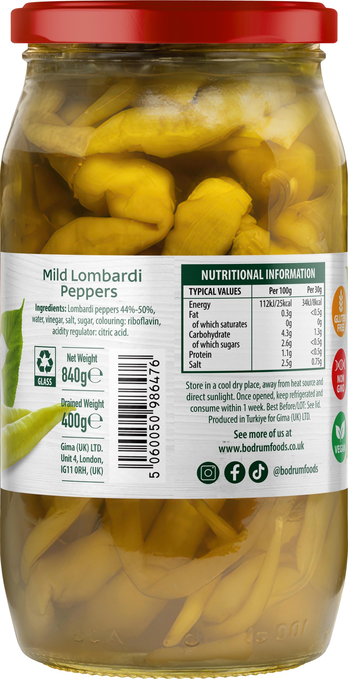 Jar of mild Lombardi peppers with a red lid and visible label.