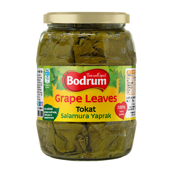 Jar of Bodrum Grape Leaves on a white background