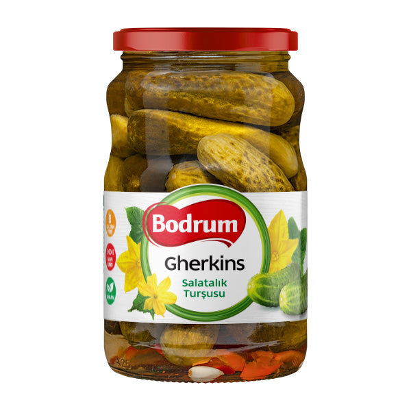 Jar of Bodrum gherkins on a white background