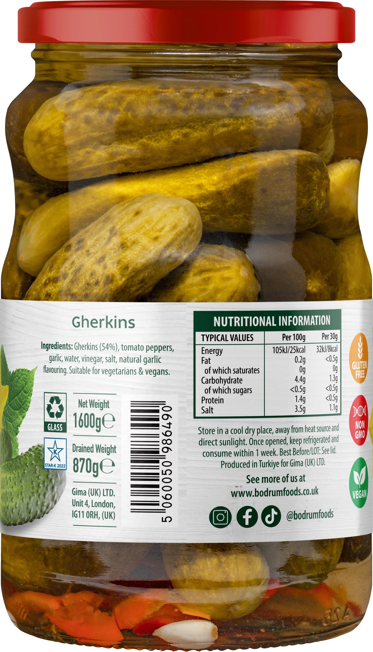 Jar of pickles with a visible label on a white background