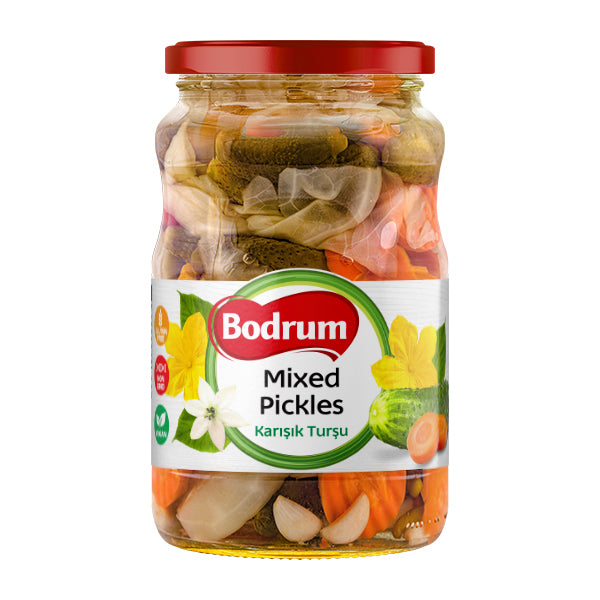 Jar of Bodrum mixed pickles on a white background