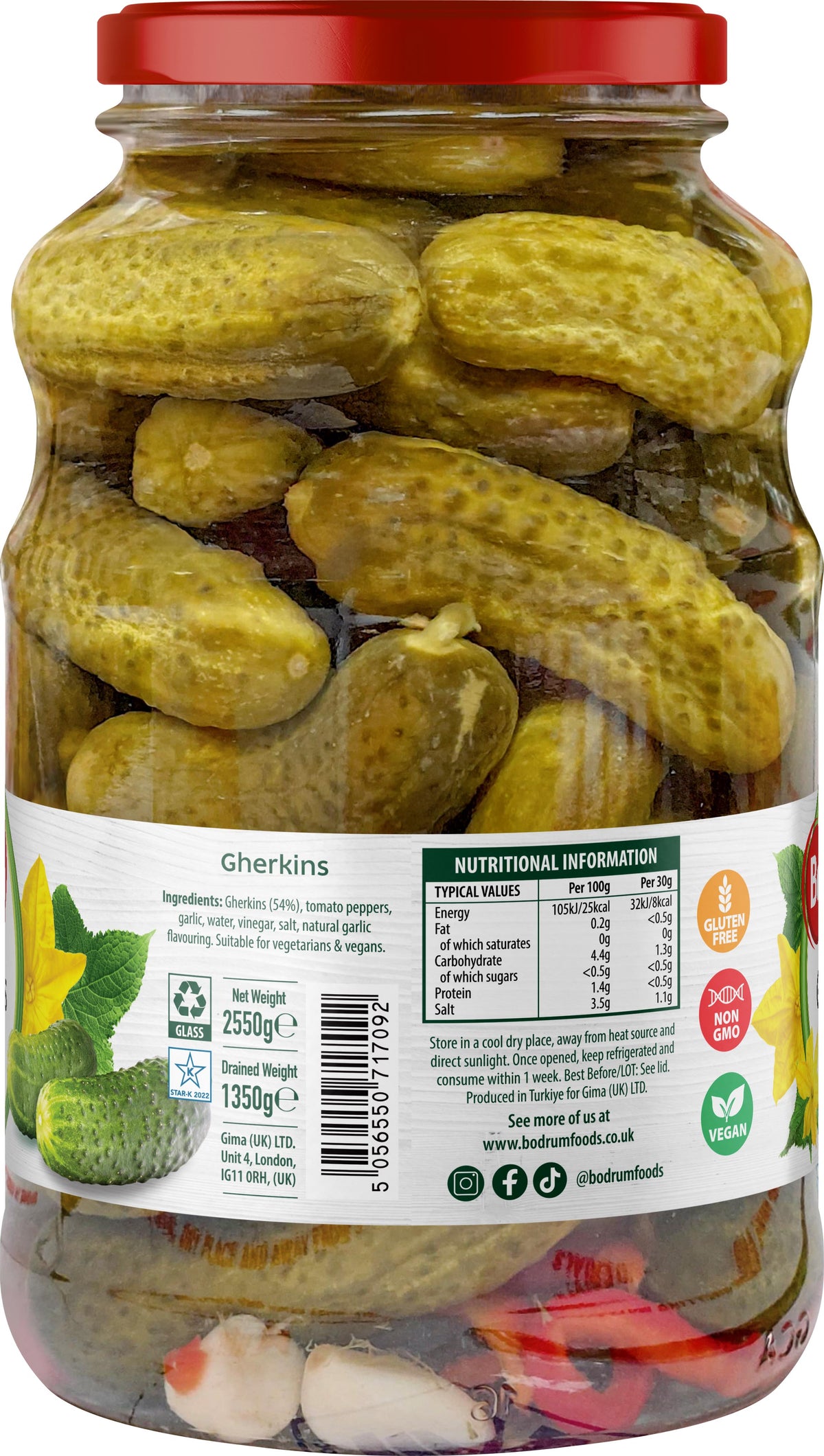 Jar of pickles with a red lid and visible label on a white background