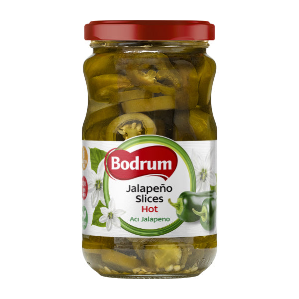 Jar of Bodrum Jalapeño Slices on a white background