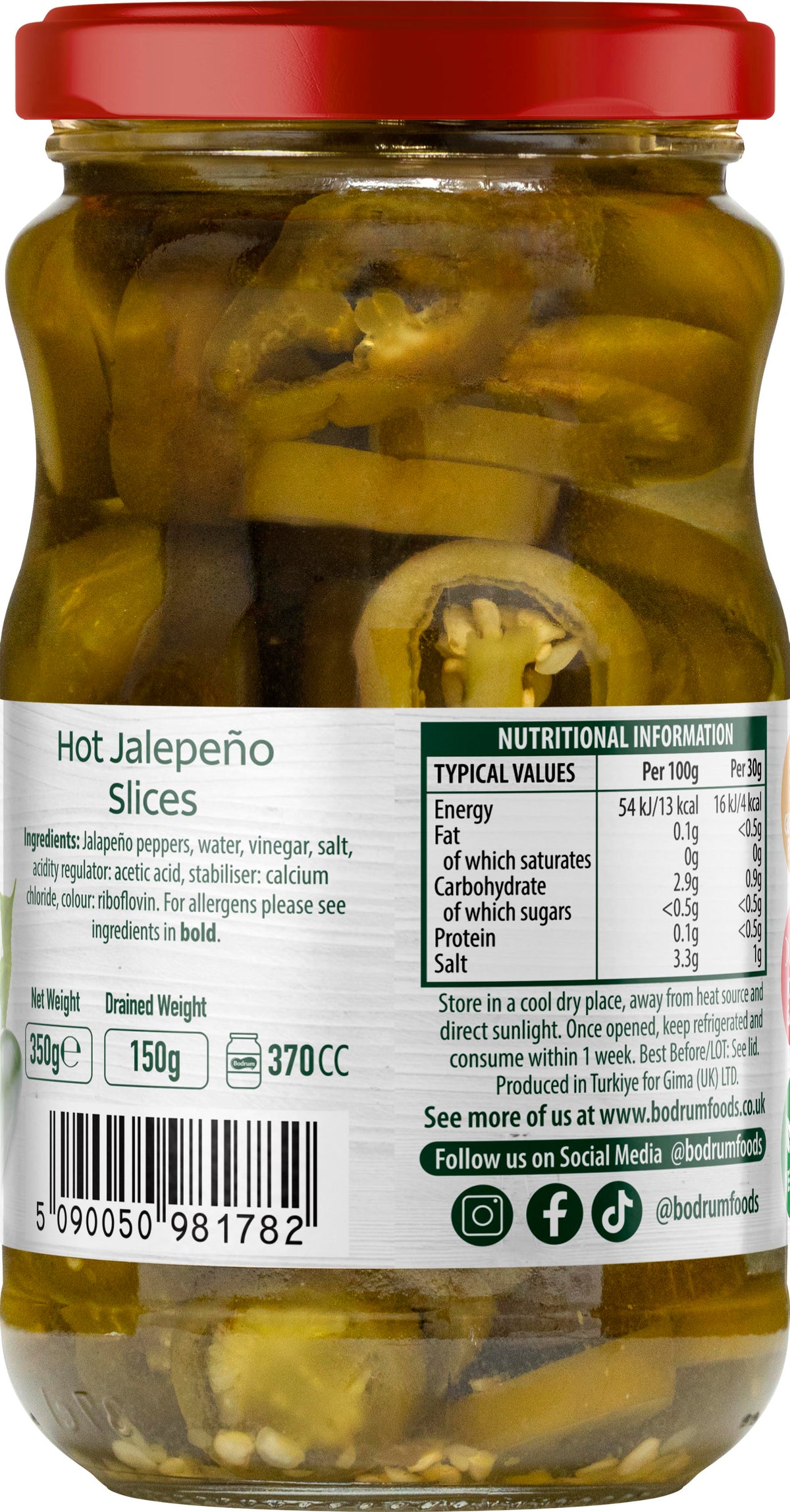 Jar of hot jalapeño slices with a red lid and nutritional information label.