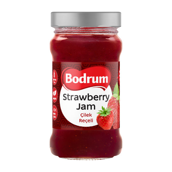 Jar of Bodrum Strawberry Jam on a white background