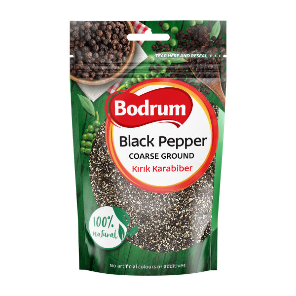 Packaging of Bodrum black pepper with visible branding and product details.