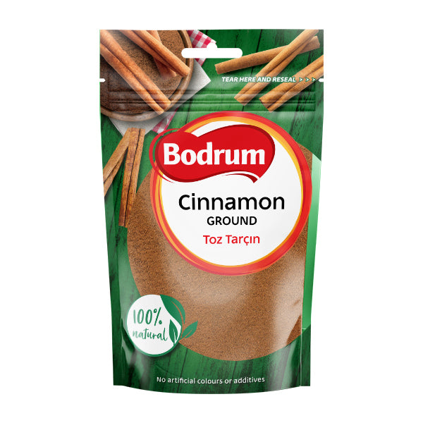 Bodrum ground cinnamon package with cinnamon sticks on a white background