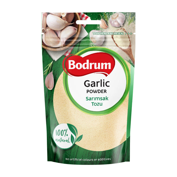 Bodrum Garlic Powder packaging with garlic images on a white background
