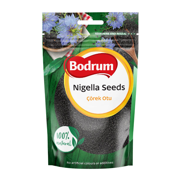 Packaging of Bodrum Nigella Seeds with a green background and floral design.