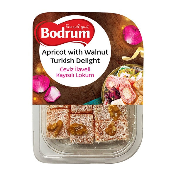 Bodrum apricot with walnut Turkish delight packaging on a white background