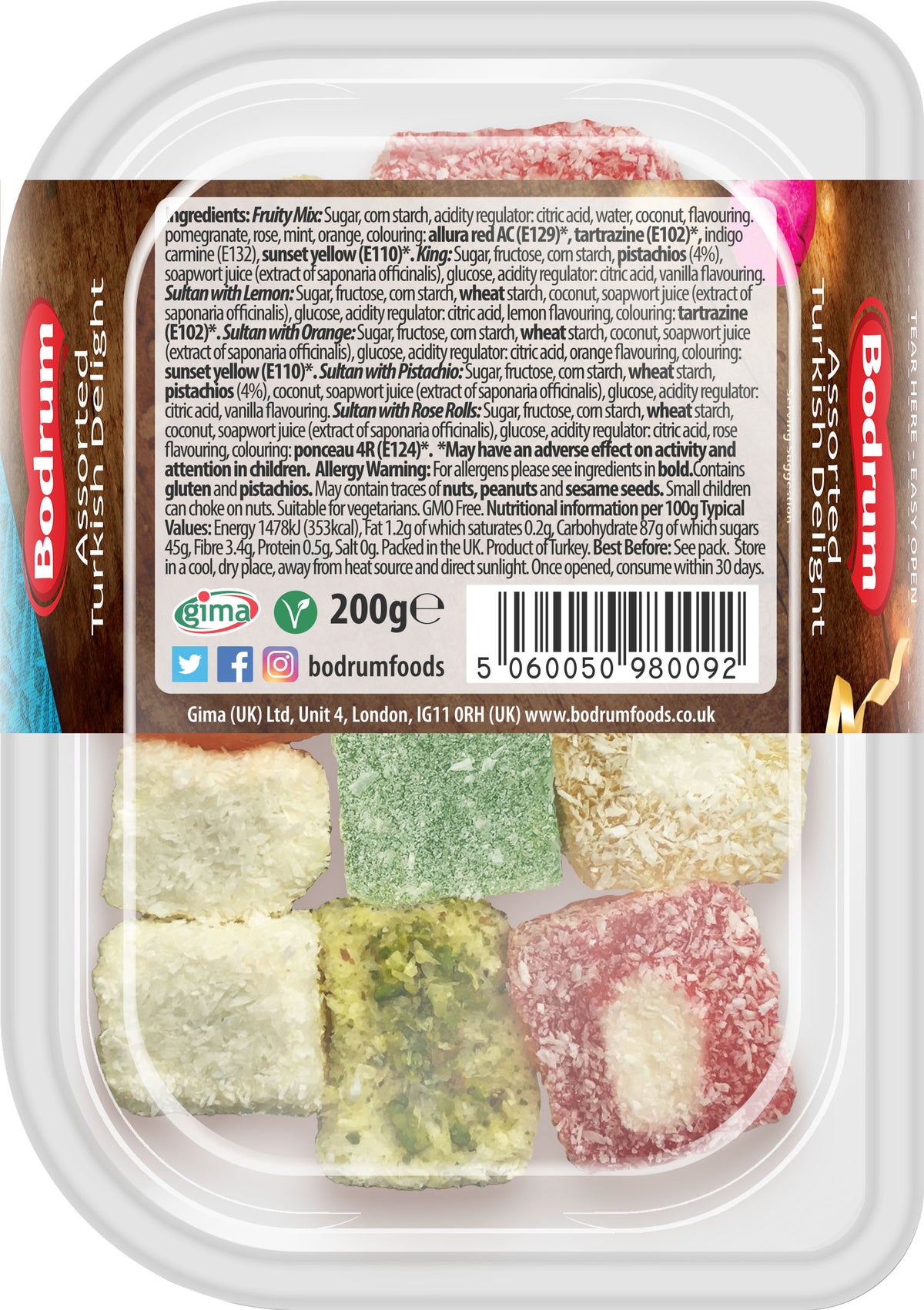 Packaged candy with colorful pieces on a white background