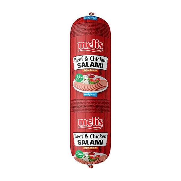 Melis beef and chicken salami package on a white background