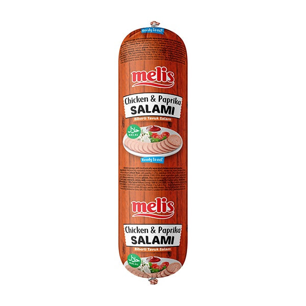 Melis Chicken & Paprika Salami packaging on a white background