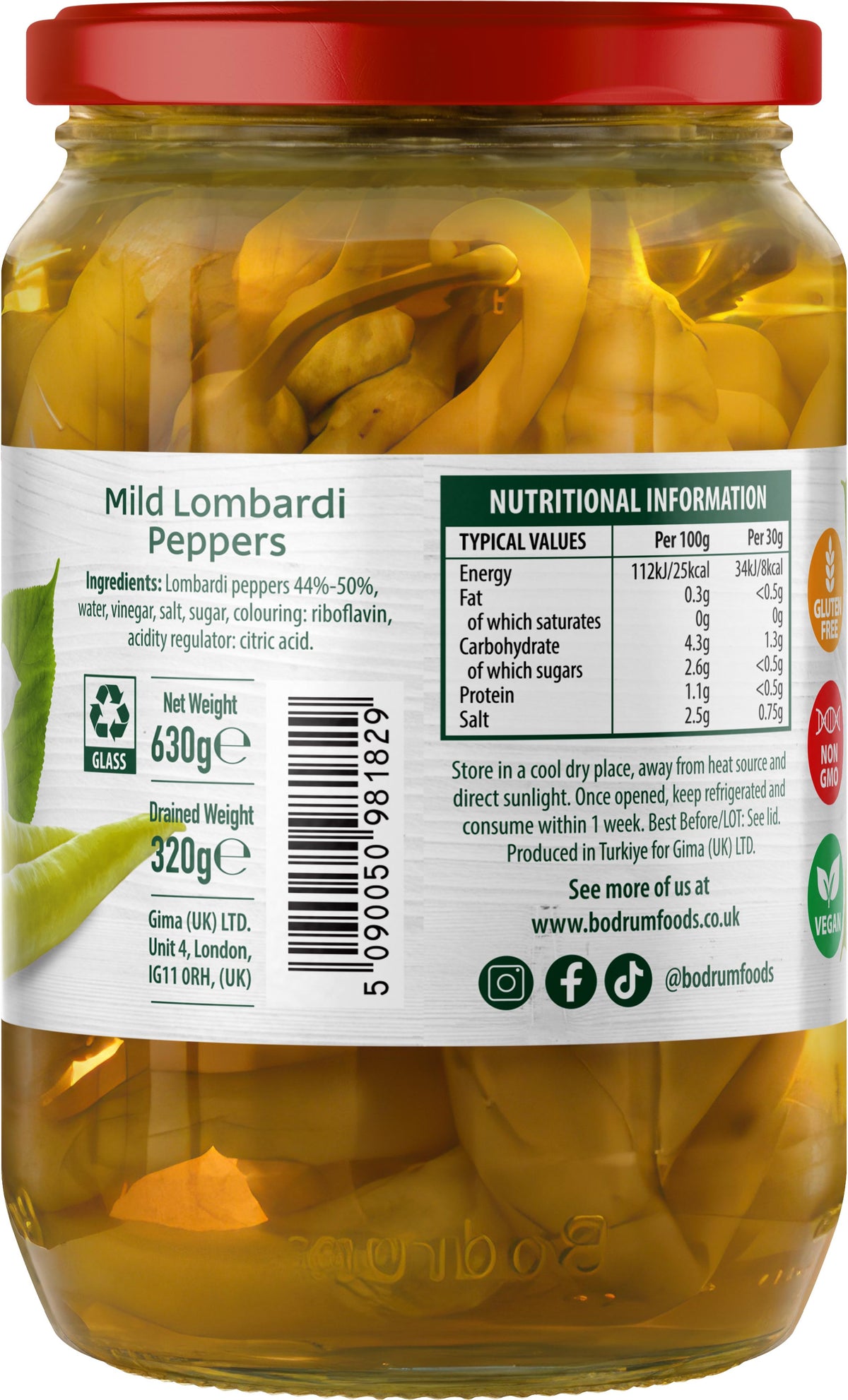 Jar of mild Lombardi peppers with nutritional information label