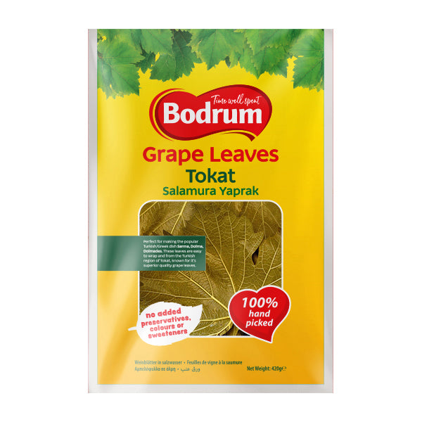 Bodrum Grape Leaves packaging with yellow background and green leaves.