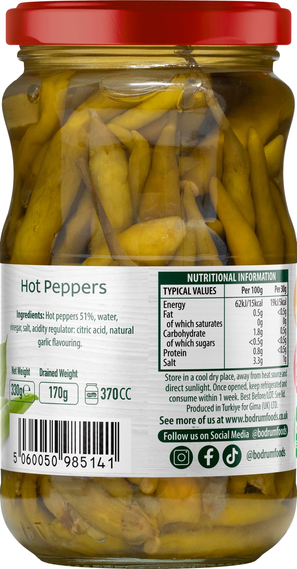 Jar of pickled hot peppers with a red lid and visible label.