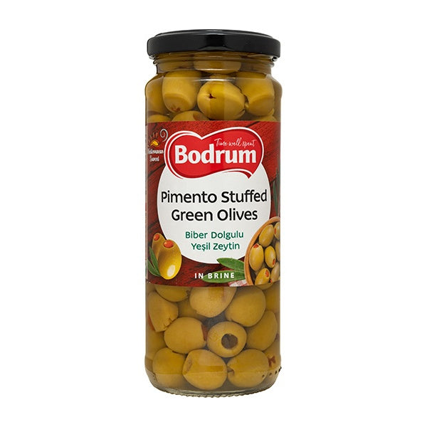 Jar of Bodrum Pimento Stuffed Green Olives on a white background