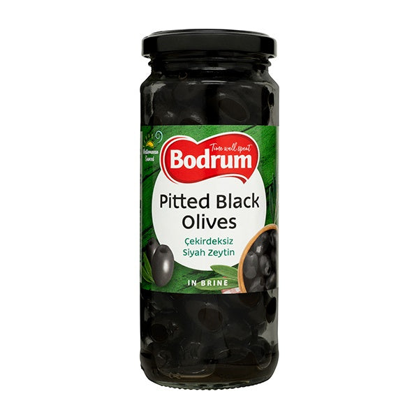 Jar of pitted black olives with Bodrum label on a white background