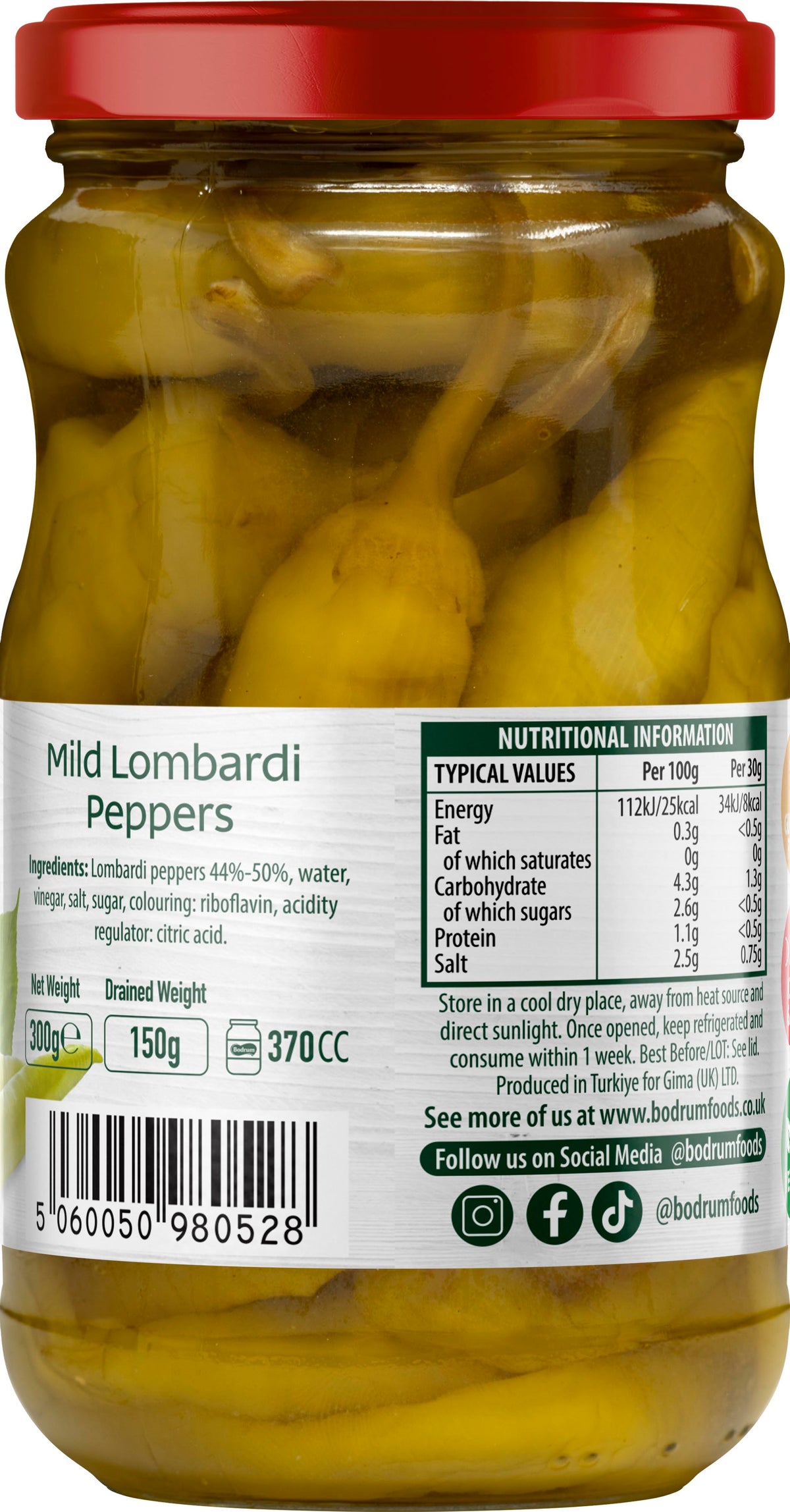 Jar of Lombardi peppers with a red lid and label showing nutritional information.