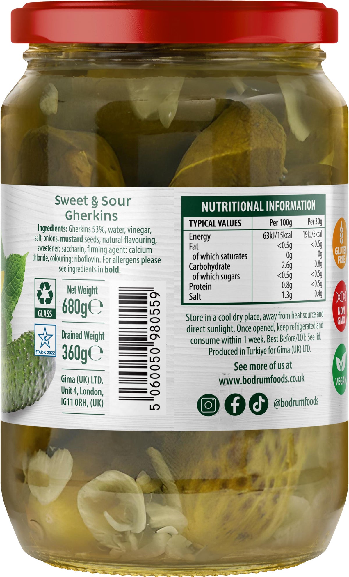 Jar of sweet and sour gherkins with nutritional information label