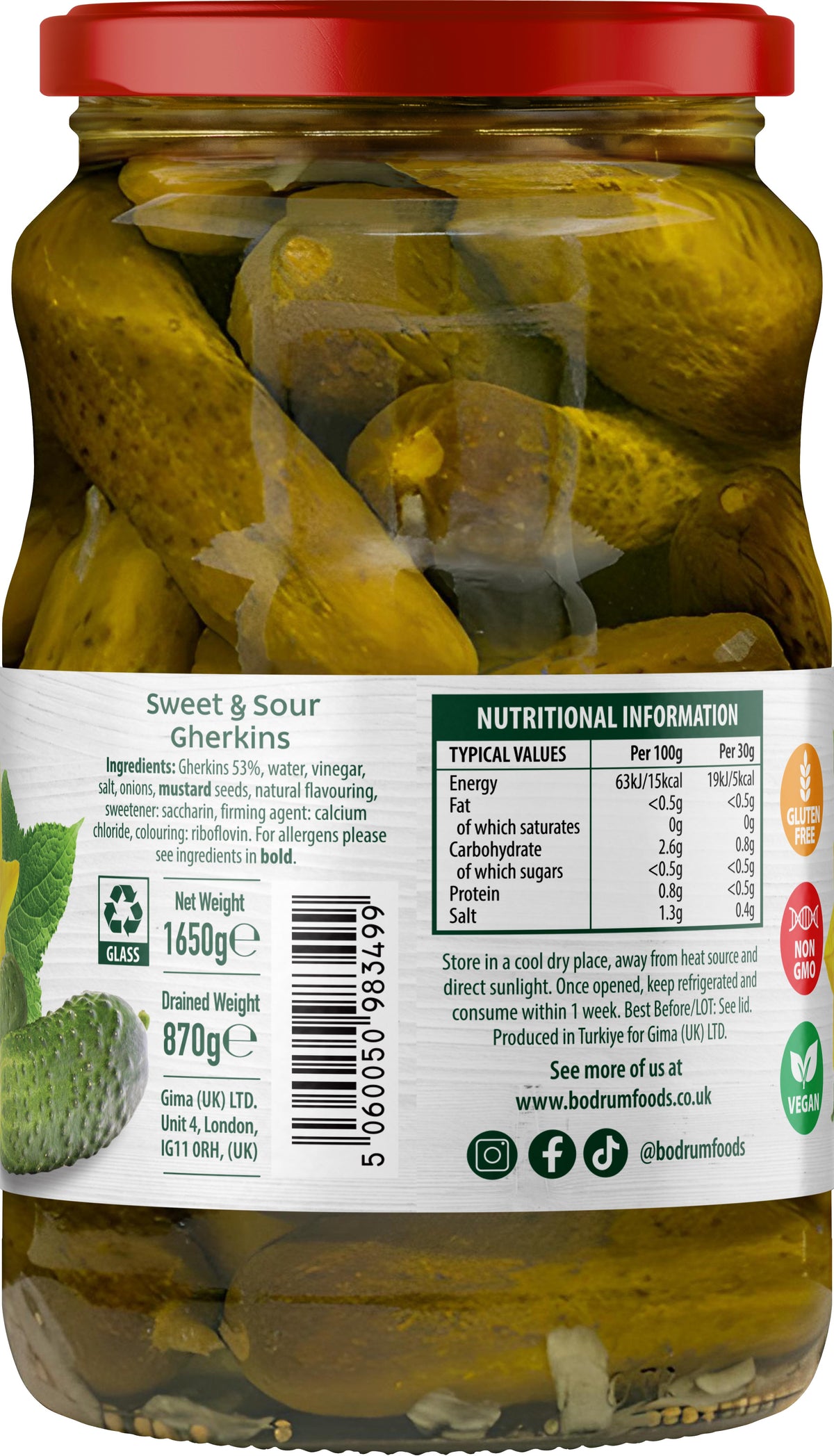 Jar of pickles with a red lid and nutritional information label.