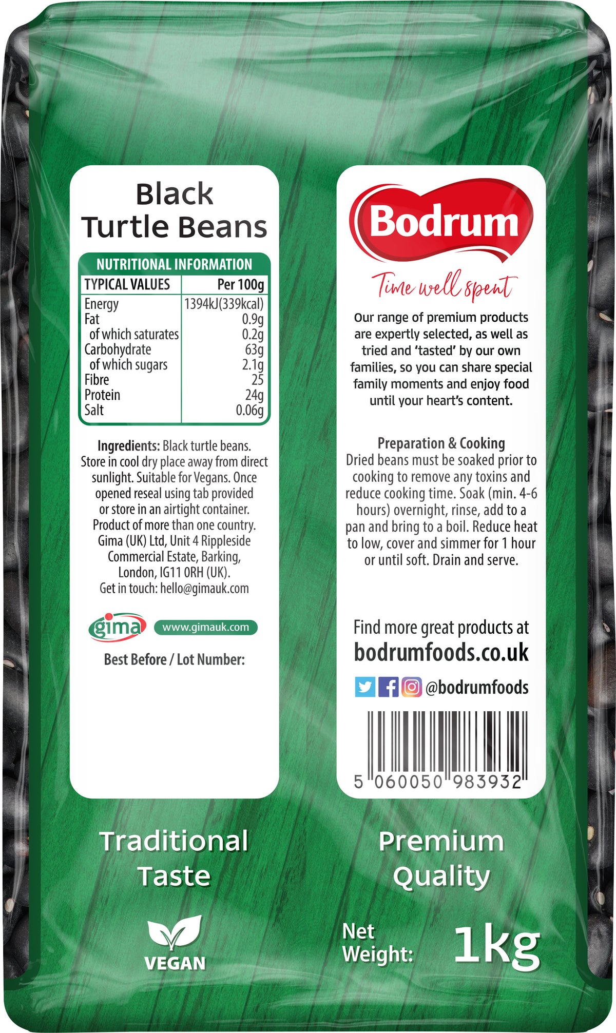 Green package of Bodrum Black Turtle Beans with nutritional information and branding details.