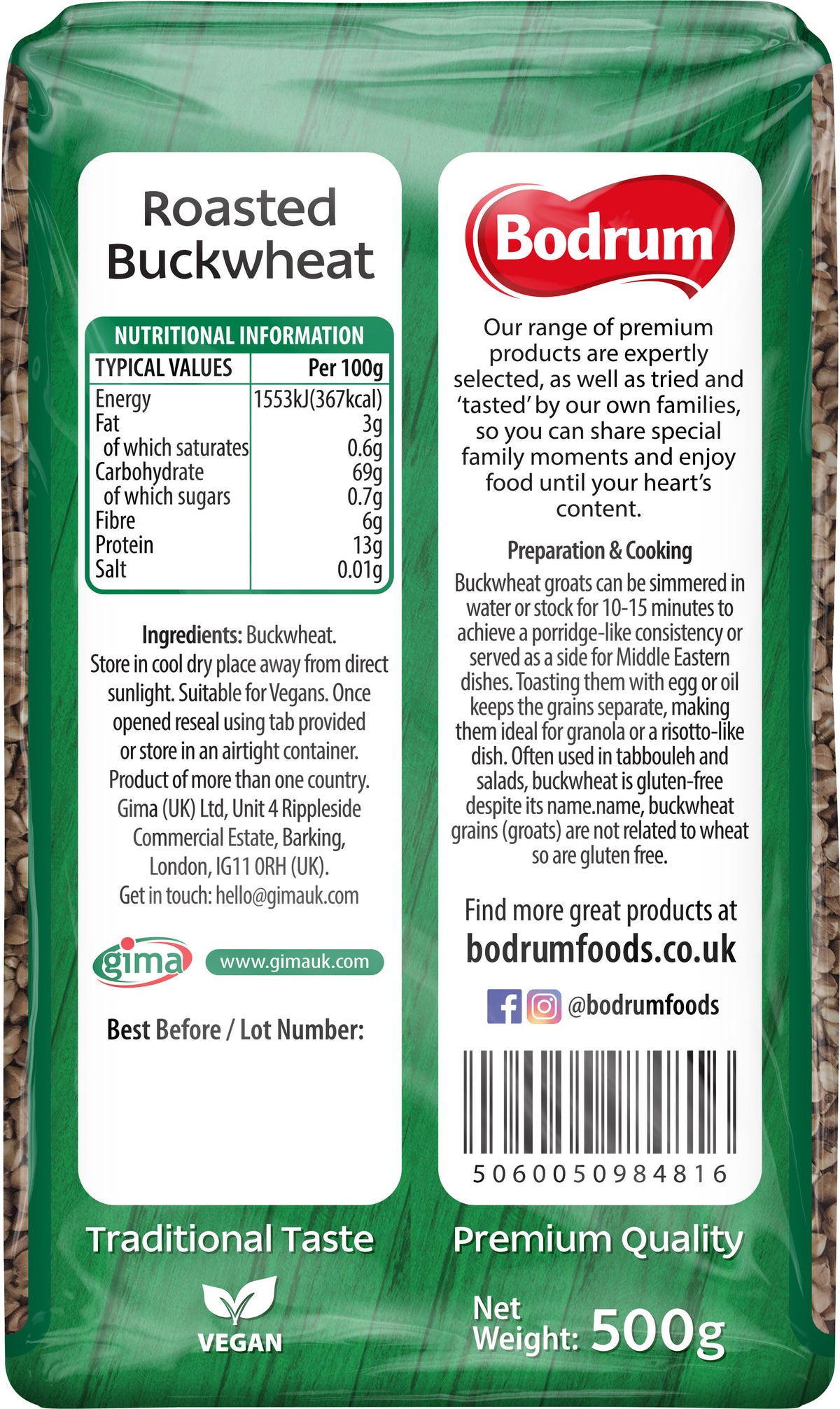Packaging of Bodrum roasted buckwheat with nutritional information and branding details.