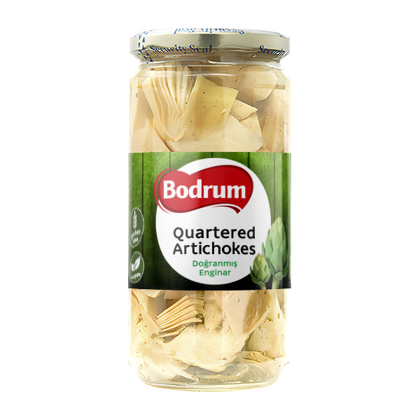 Jar of Bodrum quartered artichokes on a white background