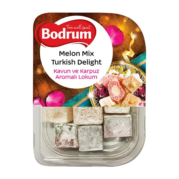 Packaged Melon Mix Turkish Delight with Bodrum branding on a white background