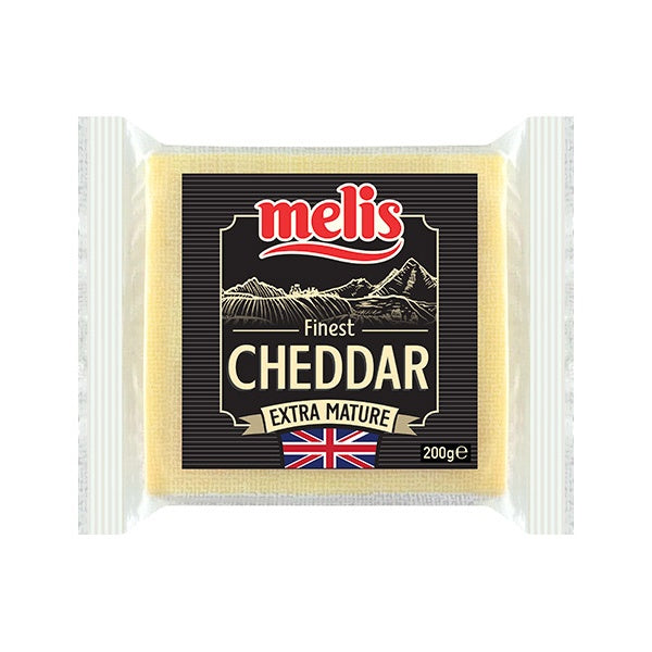 Packaged cheddar cheese with Melis branding on a white background
