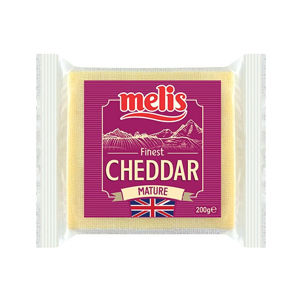Packaged cheddar cheese with Melis branding on a white background