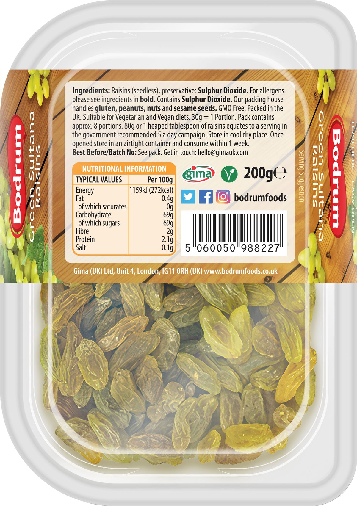 Packaged dried fruits with Bodrum Foods branding and nutritional information.