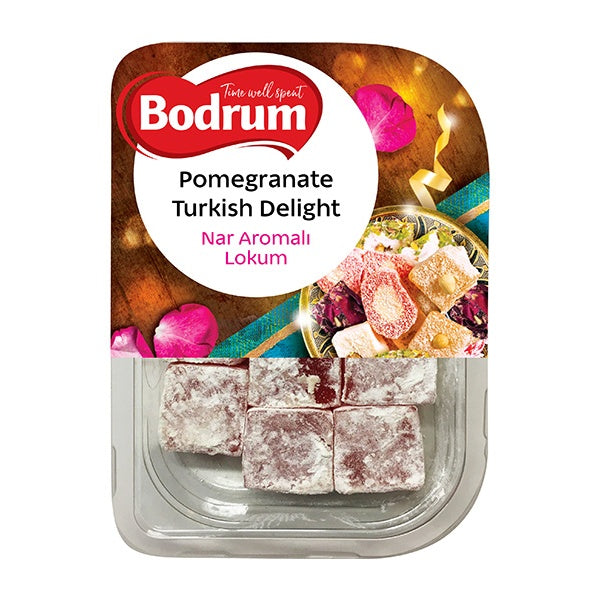 Packaged pomegranate Turkish delight with Bodrum branding on a white background