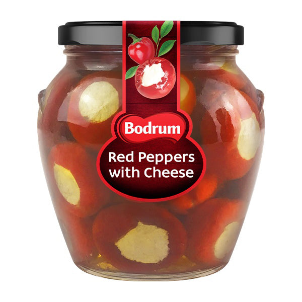Jar of Bodrum Red Peppers with Cheese on a white background