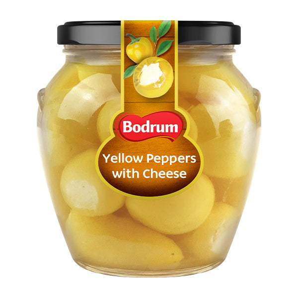 Jar of yellow peppers with cheese labeled 'Bodrum' on a white background